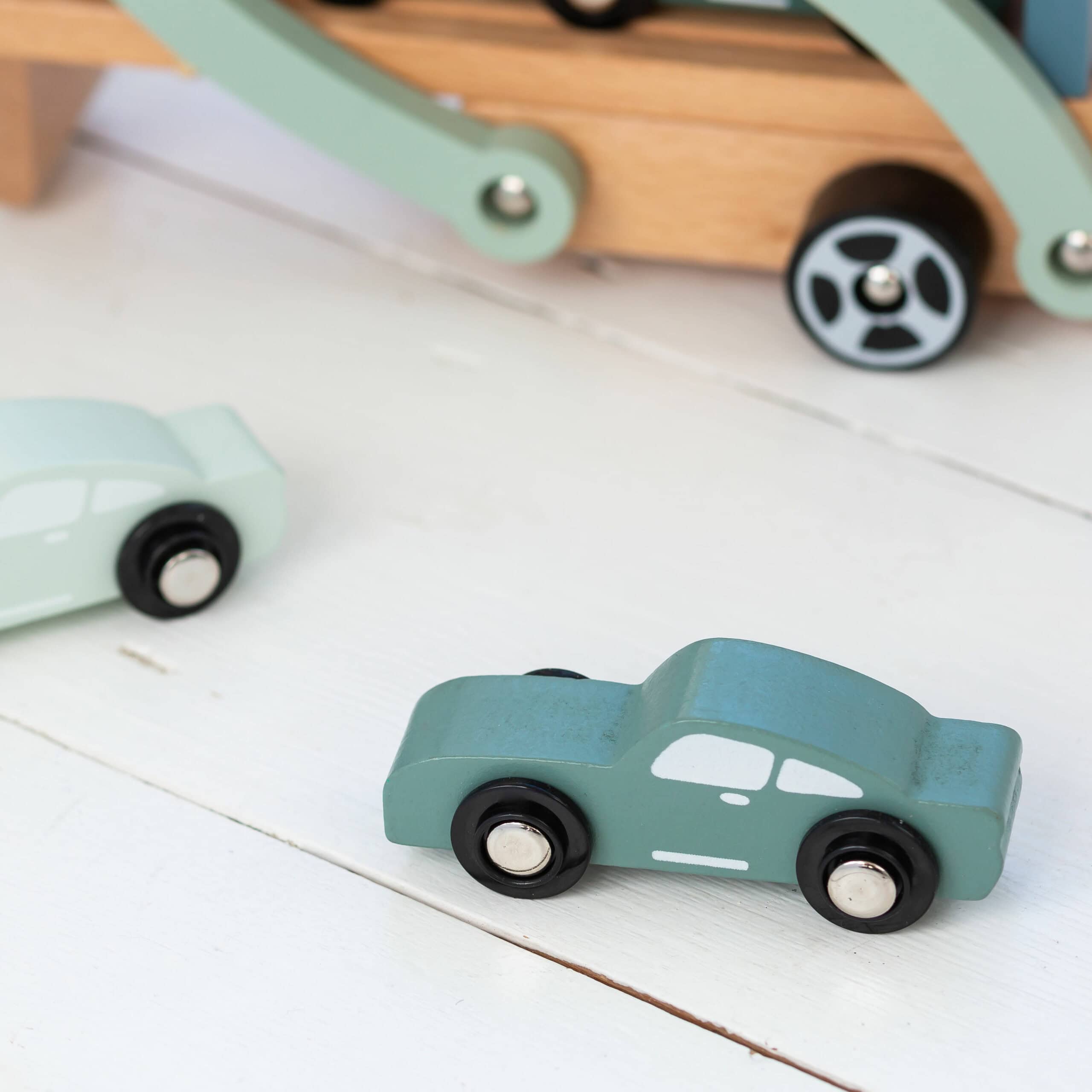 Personalised Wooden Car Blue Green Transporter Toy Set