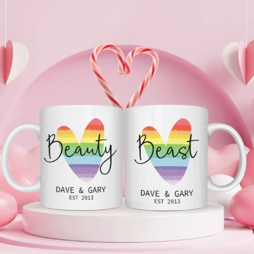 Personalised Rainbow Beauty & Beast Matching Couples Mugs