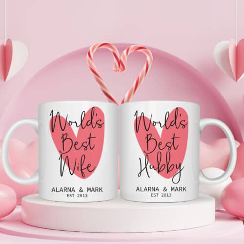 Personalised World's Best Wife and Hubby Matching Heart Mugs